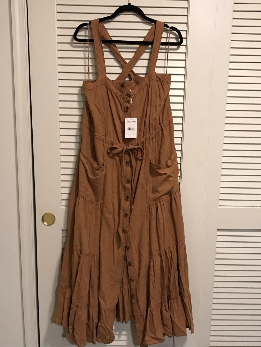 NWT Free People Caramel Button-Front Maxi Jumper Dress w Pockets -Lg